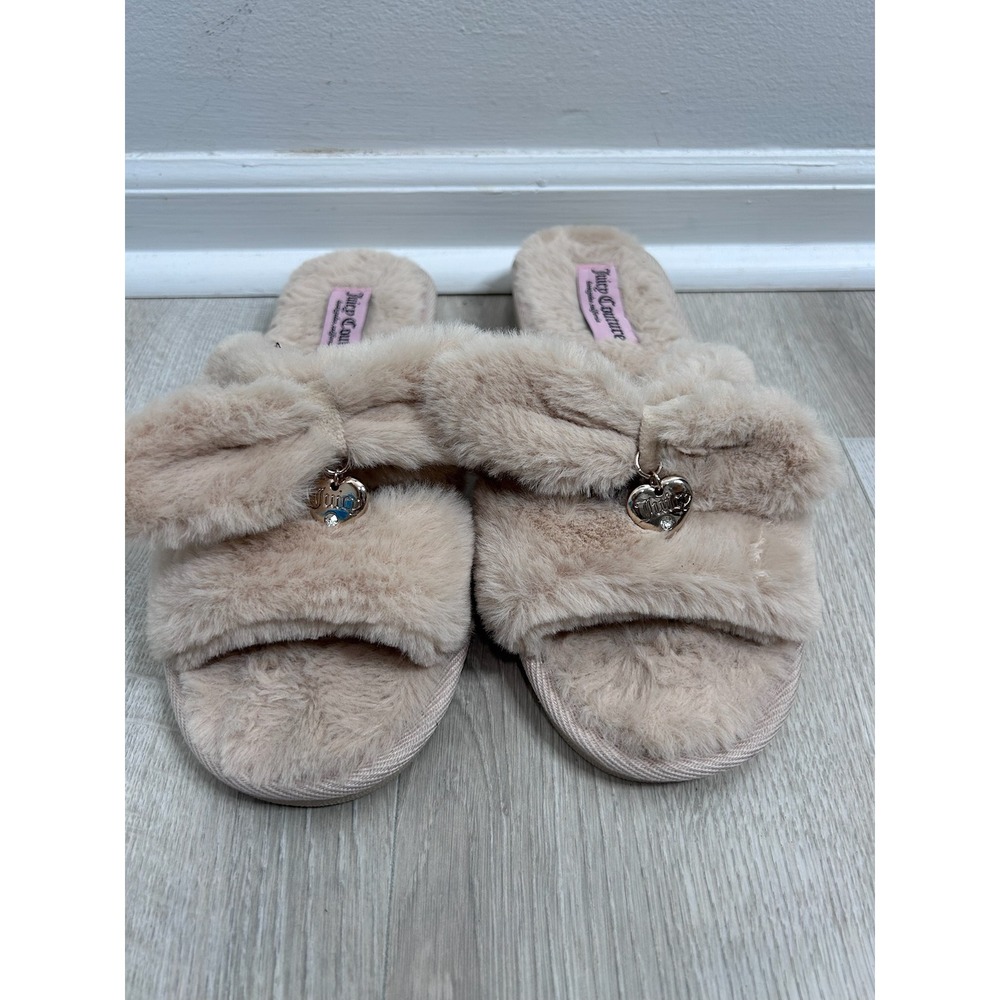 Juicy‎ Couture Beige Pink Faux Fur Bow Slide Slippers Heart Charm 9.5-10.5 Y2K